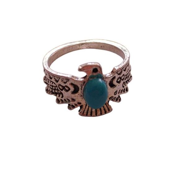 Silver Steel Thunder Bird Turquoise Stone Ring - Picture 1 of 2